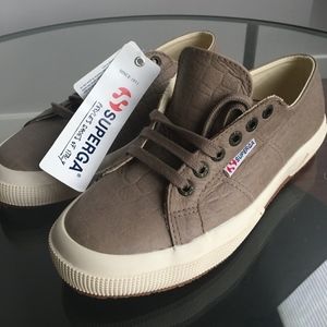 Superga Leather Croc Sneakers in Taupe